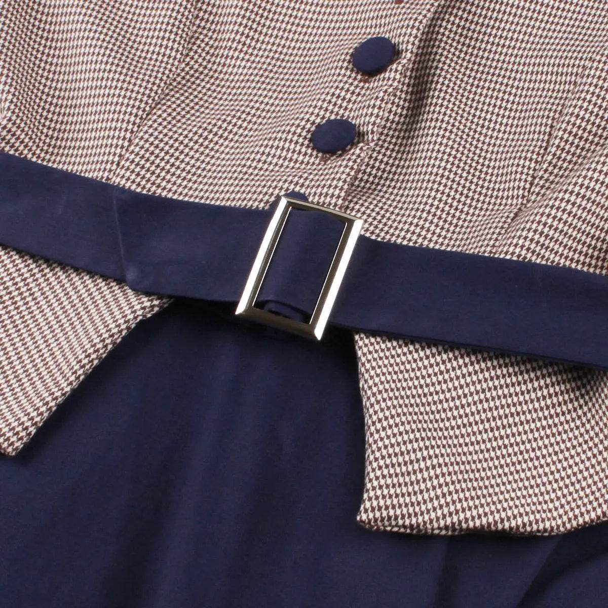 Color Effect Collar Hollow High-grade Houndstooth Patchwork Ruffled Waist-tight Autumn And Winter Long Sleeve Retro Dress XL XXL 2XL - ProTrendyz