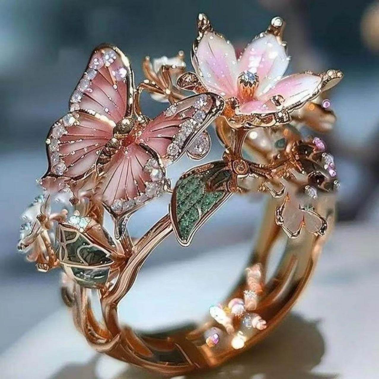 INS Flower Butterfly Ring With Rhinestones And Oil Dropping Design Fashion Personalized Jewelry For Women - ProTrendyz