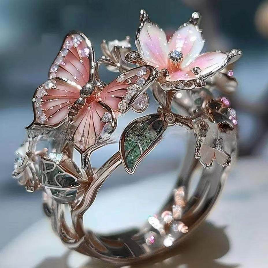 INS Flower Butterfly Ring With Rhinestones And Oil Dropping Design Fashion Personalized Jewelry For Women - ProTrendyz