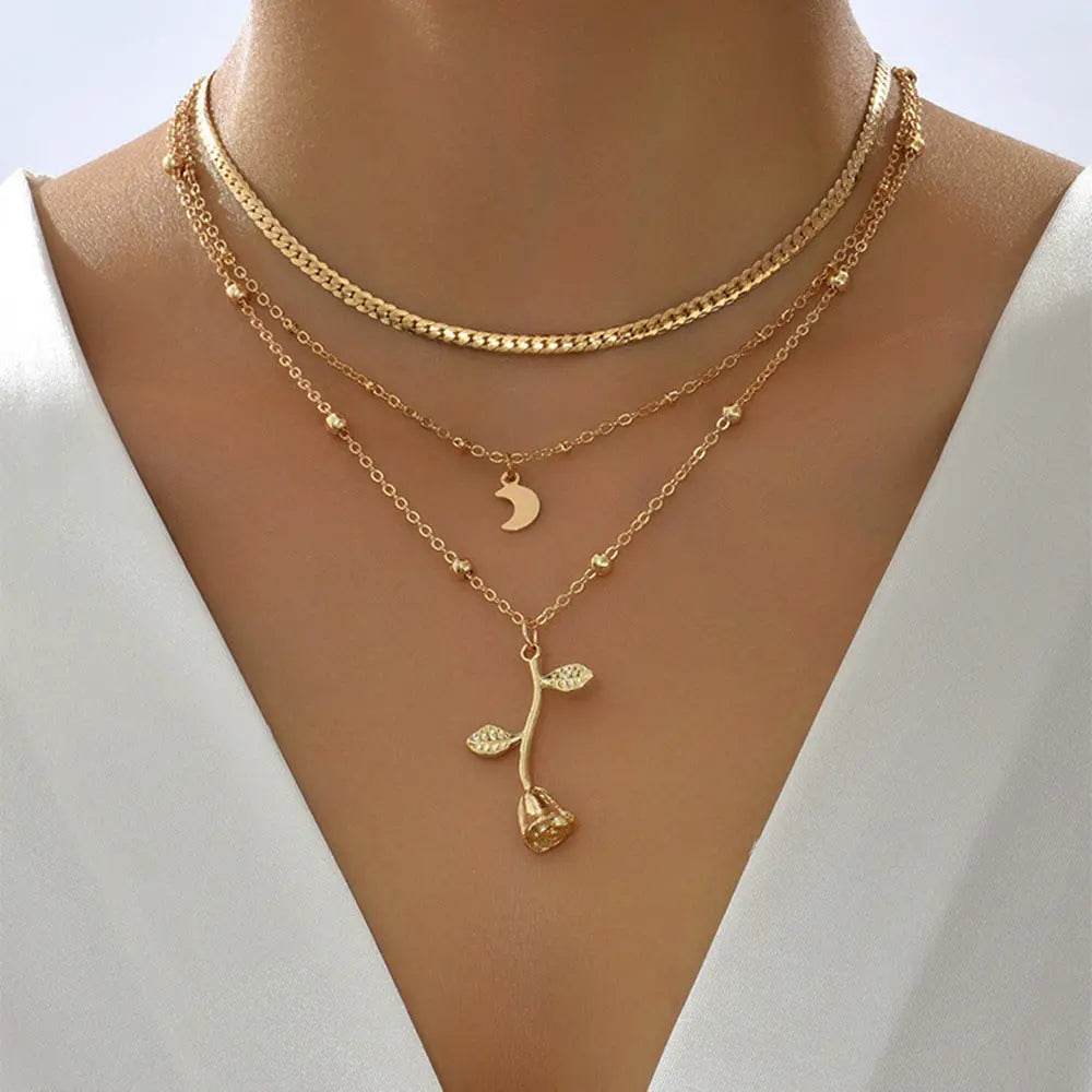 Bohemia Multilayer Moon Gold Color Pendant Necklaces For Women Rose Flower Choker Necklace 2025 Fashion Jewelry Party Gift Valentine's Day Gifts - ProTrendyz
