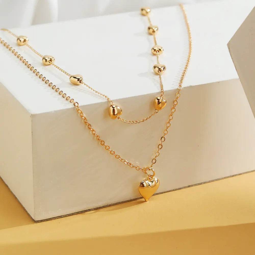 Double-layer Heart Pendant Fine Chain Necklace For Women Multilayer Gold Color Metal Necklaces Fashion Jewelry Accessories - ProTrendyz