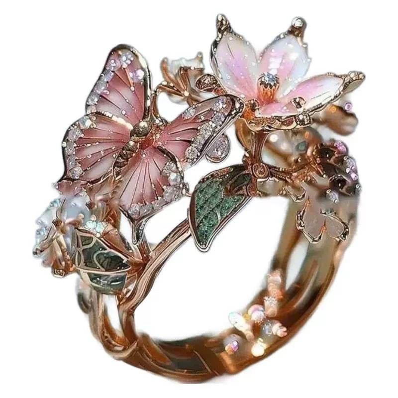 INS Flower Butterfly Ring With Rhinestones And Oil Dropping Design Fashion Personalized Jewelry For Women - ProTrendyz