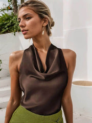 Women Solid Color Swing Collar Sleeveless Vest Trendy Elegant Shirt With Halter Neckline Backless Short Sleeve Tops Tshirts - ProTrendyz