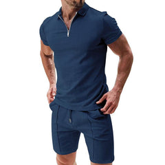 2Pcs Casual Waffle Suit Summer Zipper Lapel Short-sleeved Top And Drawstring Pockets Shorts Versatile Solid Color T-shirt Set For Mens Clothing - ProTrendyz