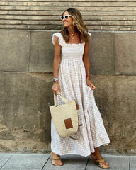 Summer Plaid Print Pleated Ruffle Dress INS Fashion Sleeveless A-line Swing Beach Dress Women's Clothing