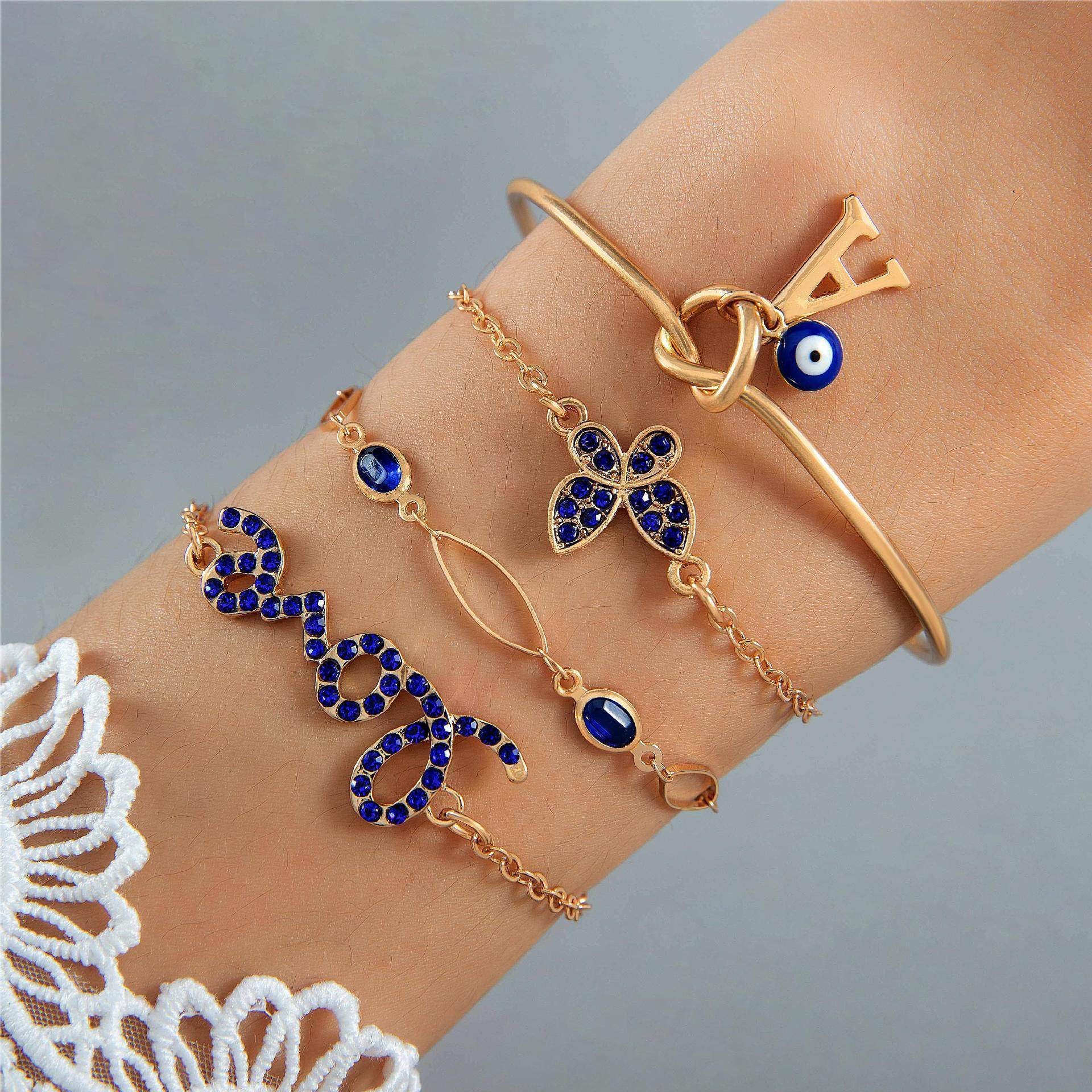 4pcs Blue Flower Love Butterfly Bracelet Set With Rhinestones Design Valentines Day - ProTrendyz