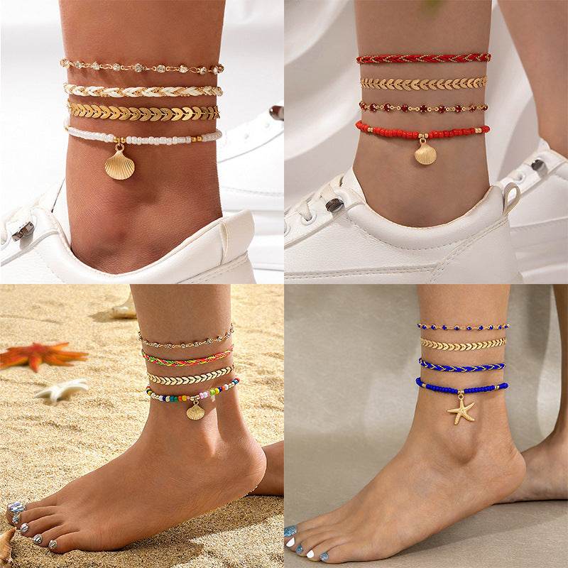 4pcs Set Bohemian Woven Rope Foot Chain For Men And Women Geometric Alloy Black Beads Dropping Oil Anklet Set Summer Fashion Jewelry - ProTrendyz