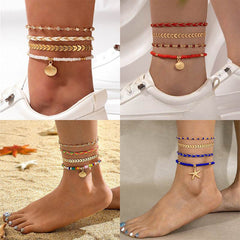 4pcs Set Bohemian Woven Rope Foot Chain For Men And Women Geometric Alloy Black Beads Dropping Oil Anklet Set Summer Fashion Jewelry - ProTrendyz
