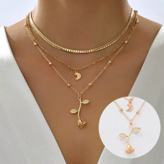 Bohemia Multilayer Moon Gold Color Pendant Necklaces For Women Rose Flower Choker Necklace 2025 Fashion Jewelry Party Gift Valentine's Day Gifts - ProTrendyz