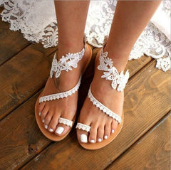 Lace Sandals Bohemia Beach Shoes Flowers Ankle Strap Flat Shoes Summer - ProTrendyz