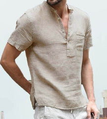 Casual Linen Solid Color Shirt Button V Neck Beach Shirt Men Summer Tops - ProTrendyz