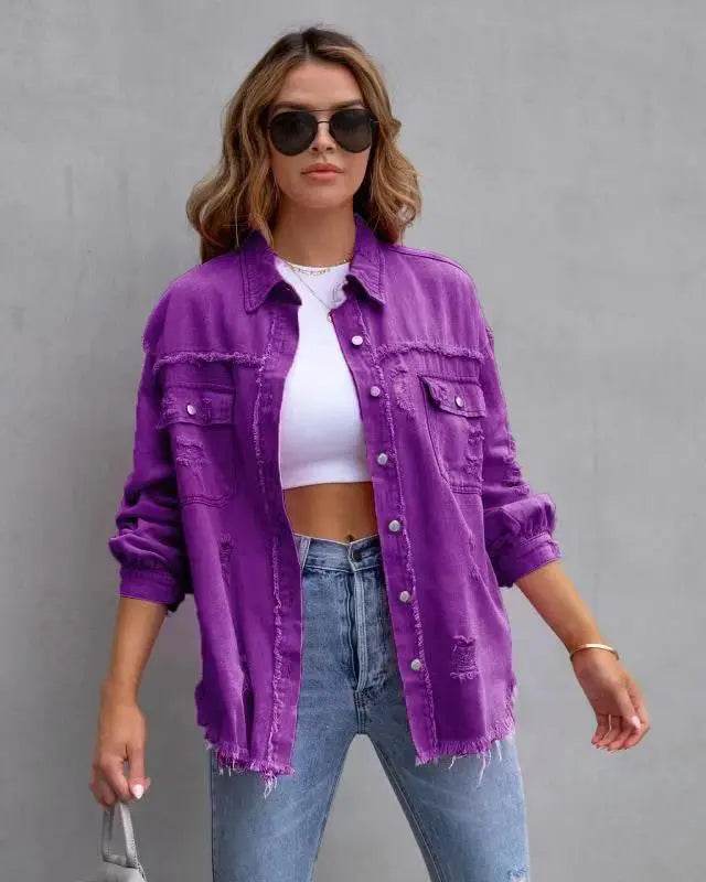 Fashion Ripped Shirt Jacket Female Autumn And Spring Casual Tops Womens Clothing - ProTrendyz