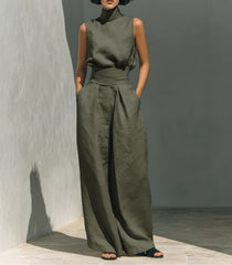Casual Sleeveless Suit Summer Stand-up Collar Pullover Top And Loose Straight-leg Trousers Women's Clothing