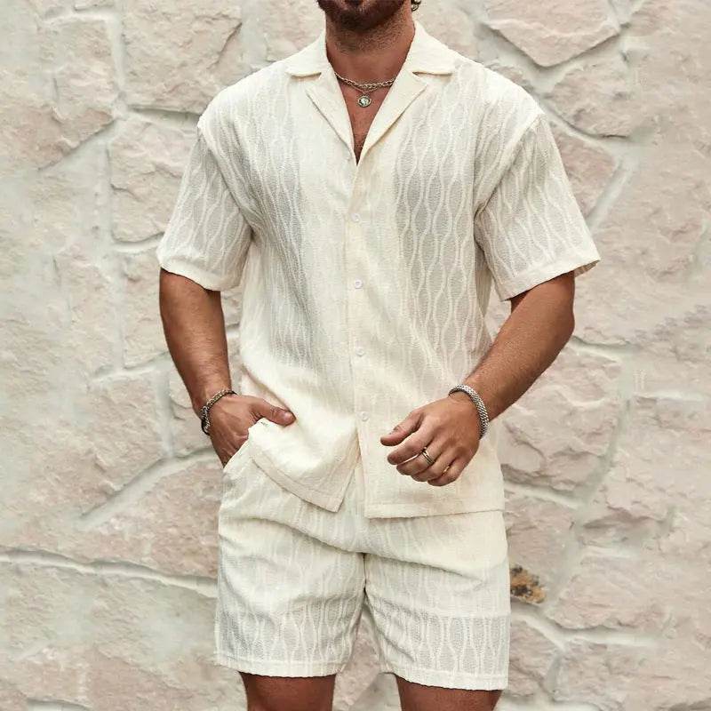 Men Tracksuits Summer Fashion Solid Loose Casual Two Pieces Lapel Button Shirt Shorts Beach Holiday All-match Outfits Male XXXL - ProTrendyz
