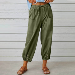 Women Drawstring Tie Pants Spring Summer Cotton And Linen Trousers With Pockets Button - ProTrendyz