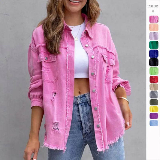 Fashion Ripped Shirt Jacket Female Autumn And Spring Casual Tops Womens Clothing - ProTrendyz
