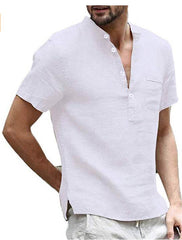 Casual Linen Solid Color Shirt Button V Neck Beach Shirt Men Summer Tops - ProTrendyz