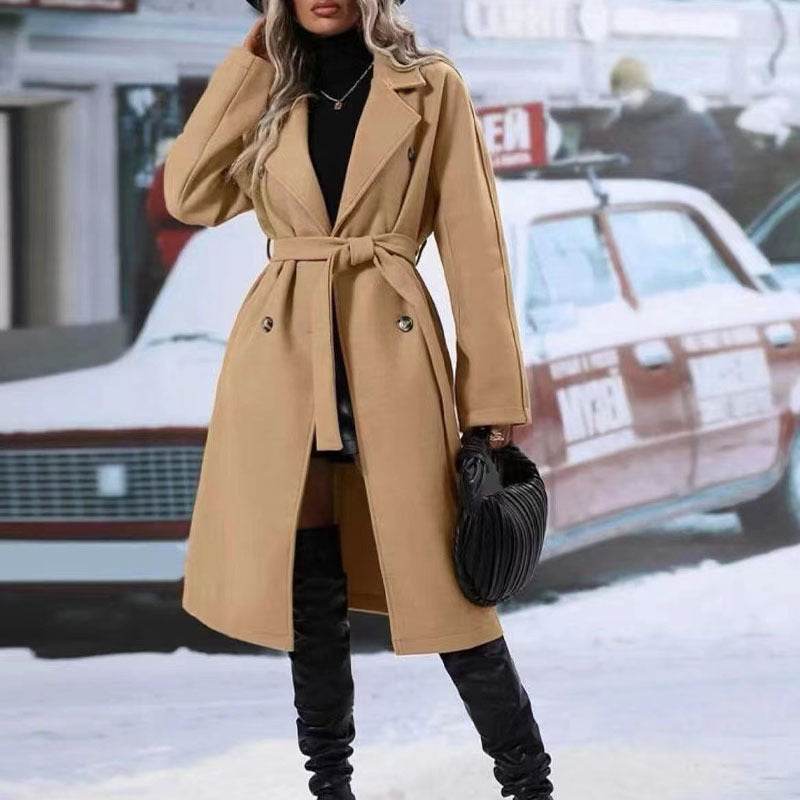 Lapel Double-breasted Trench Coat With Belt Winter Fashion Solid Color Long Jacket Outwear Women Clothing - ProTrendyz