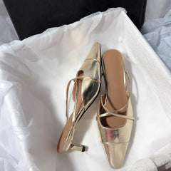 Women's Silver Closed Toe Mule Slides 2025 Summer New British Style Chunky Heel Lazy Slip-on Sandals