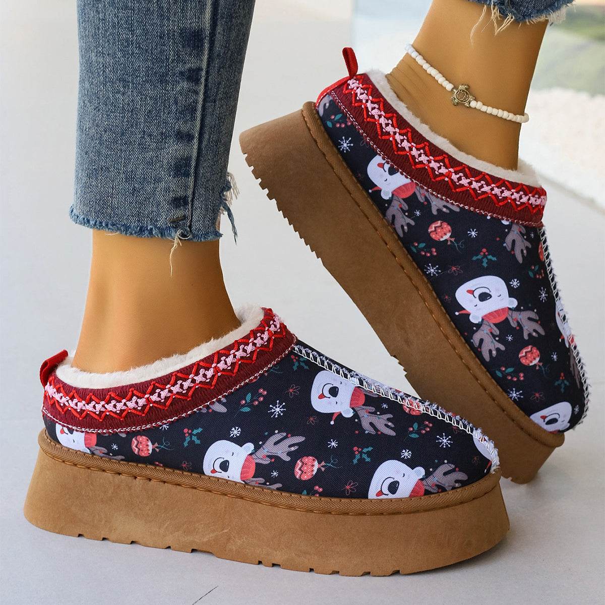 Women's Cartoon Christmas Print Ankle Boots Casual Slip On Plush Lined Home Shoes Comfortable Winter Short Boots - ProTrendyz