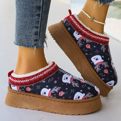 Women's Cartoon Christmas Print Ankle Boots Casual Slip On Plush Lined Home Shoes Comfortable Winter Short Boots - ProTrendyz