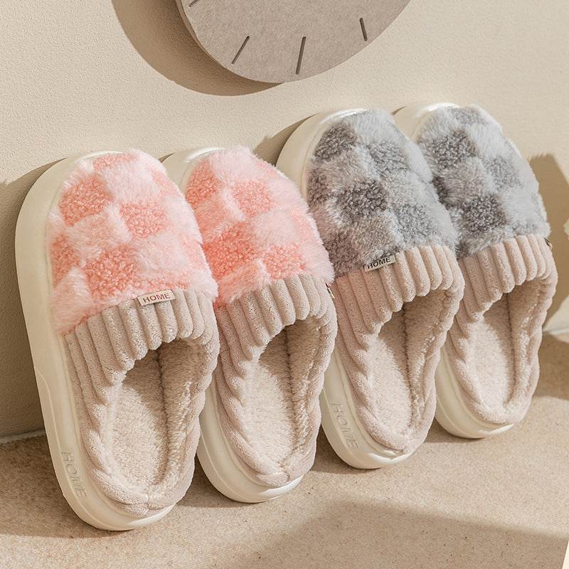 Plaid Plush Slippers Women's Indoor Plush Home Slippers Soft Sole Thick Non-Slip Warm House Shoes Couple Autumn And Winter - ProTrendyz