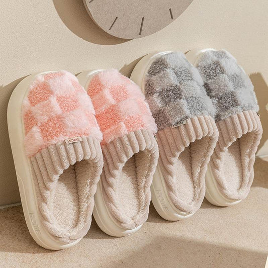Plaid Plush Slippers Women's Indoor Plush Home Slippers Soft Sole Thick Non-Slip Warm House Shoes Couple Autumn And Winter - ProTrendyz