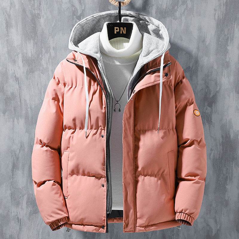 Fashion Hooded Jacket Men Winter Windproof Thickened Fake Two-piece Coat Solid Leisure Sports Cotton Jacket - ProTrendyz