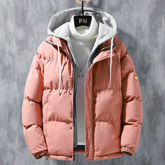 Fashion Hooded Jacket Men Winter Windproof Thickened Fake Two-piece Coat Solid Leisure Sports Cotton Jacket - ProTrendyz