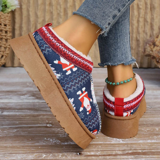 Women's Cartoon Christmas Print Ankle Boots Casual Slip On Plush Lined Home Shoes Comfortable Winter Short Boots - ProTrendyz