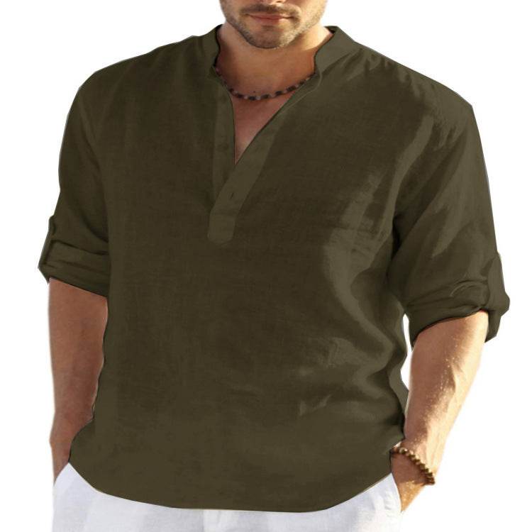 Men's Casual Cotton Linen Solid Color Long Sleeve Shirt Loose Stand Collar - ProTrendyz