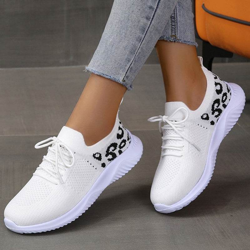 White Shoes Women Leopard Print Lace-up Sneakers Sports - ProTrendyz