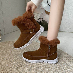 New Snow Boots Winter Warm Thickened Solid Color Plush Ankle Boots With Buckle Design Plus Velvet Flat Shoes For Women - ProTrendyz