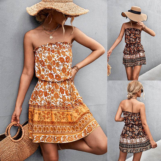 Women's Bohemian Floral Print Strapless Dress Summer Beach Dress - ProTrendyz