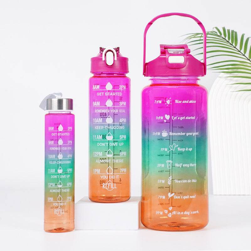 3-in-1 Gradient Color Motivational Water Bottles Set Plastic Straw Double Drink Translucent Outdoor Sports Bottle - ProTrendyz