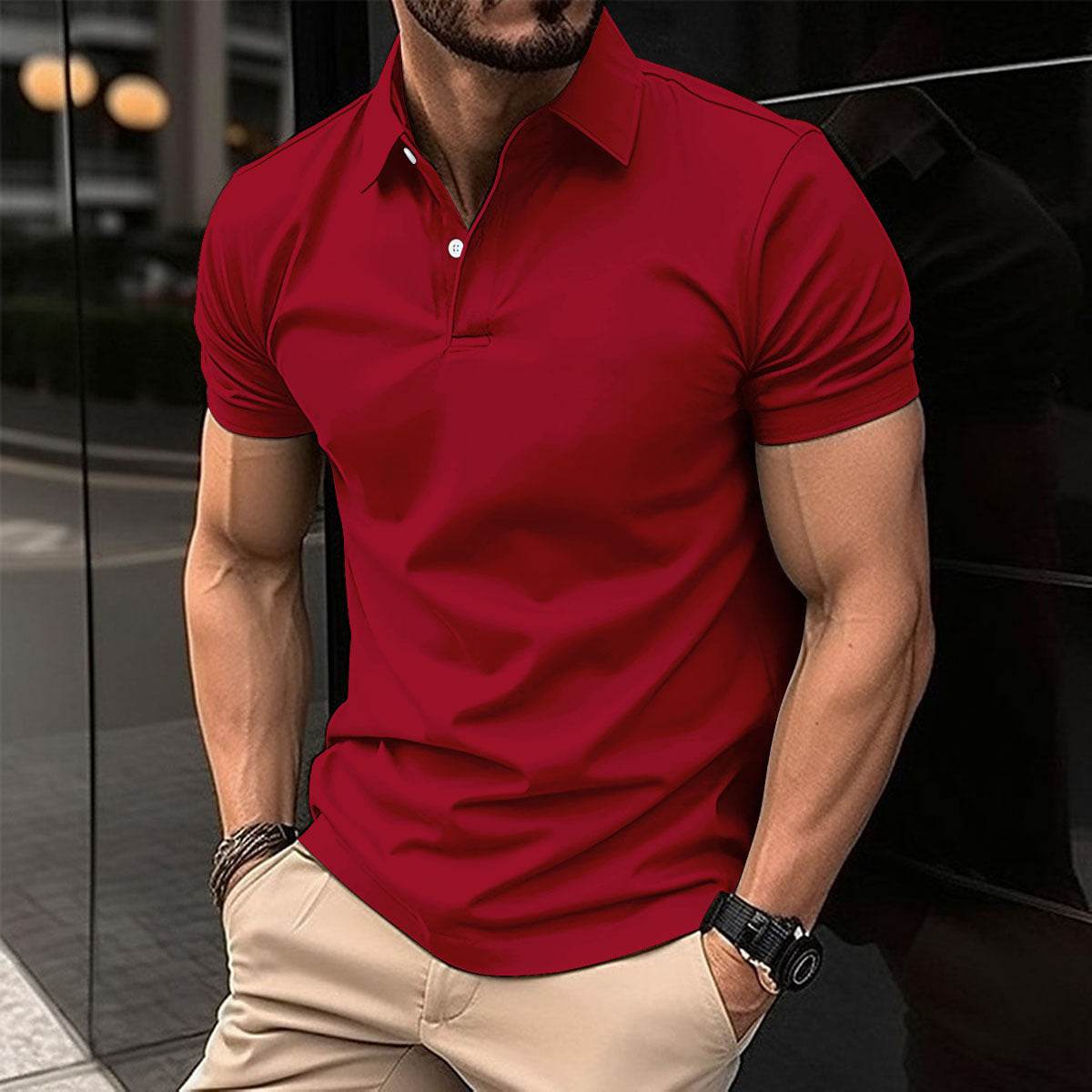 Summer Short Sleeve Polo Shirt Men Solid Color Button Lapel Button Top - ProTrendyz