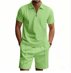 2Pcs Casual Waffle Suit Summer Zipper Lapel Short-sleeved Top And Drawstring Pockets Shorts Versatile Solid Color T-shirt Set For Mens Clothing - ProTrendyz