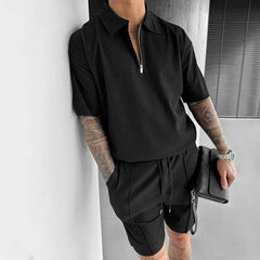 Summer Fashion Mens Clothing Men's Suits New Zipper Polo Casual Short Sleeve Drawstring Shorts Men's Set - ProTrendyz