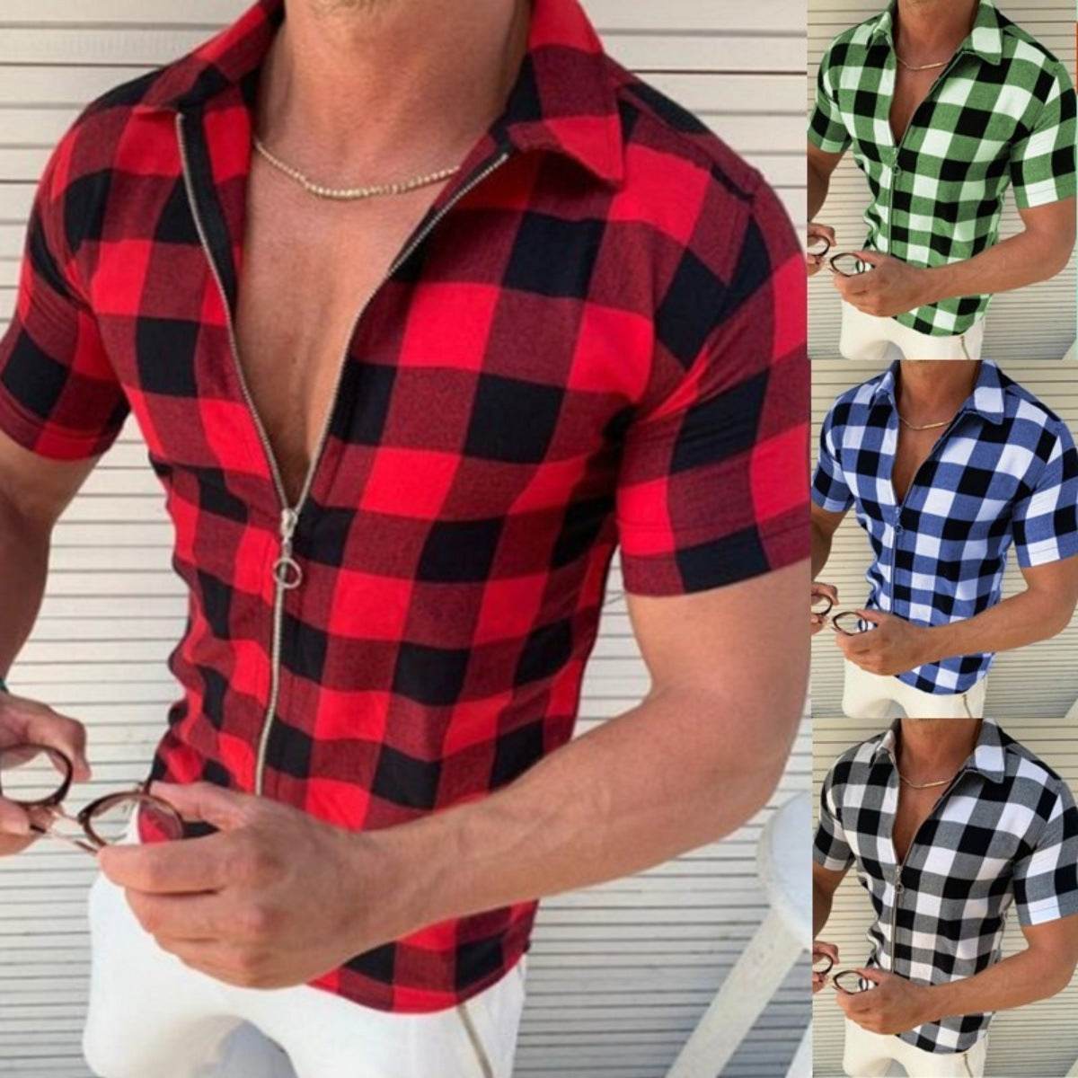 Plaid T Shirt Mens Zipper Short Sleeve Shirts Summer Men Clothing - ProTrendyz