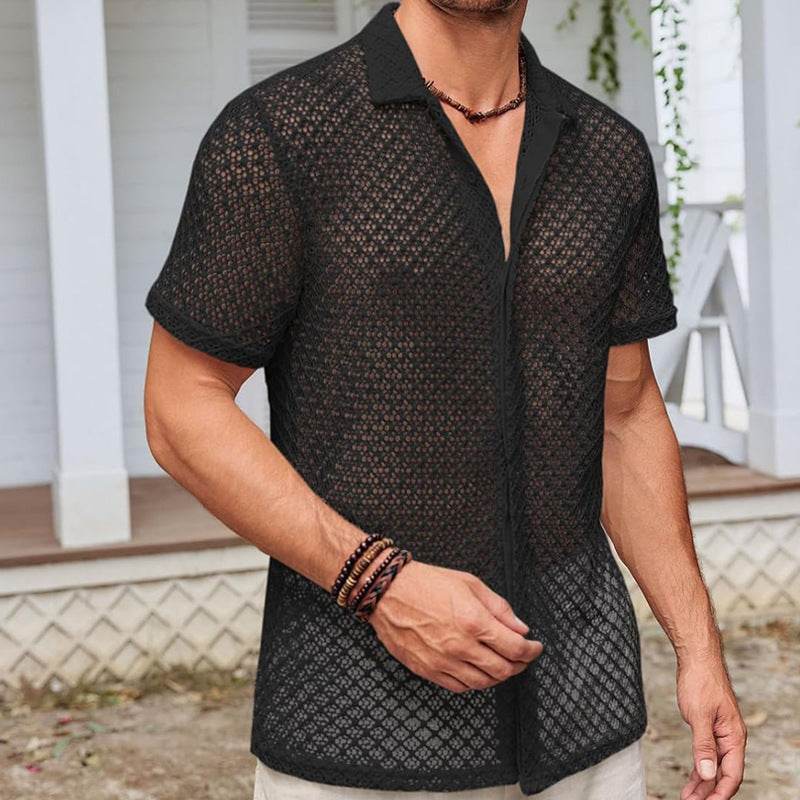 Summer Mesh Short Sleeve Shirt Fashion Solid Color Lapel Shirt Tops Beach Men Clothing - ProTrendyz