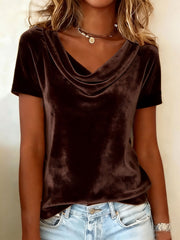 New Solid Color Scoop Neck Short-Sleeve Sexy Velvet T-Shirt