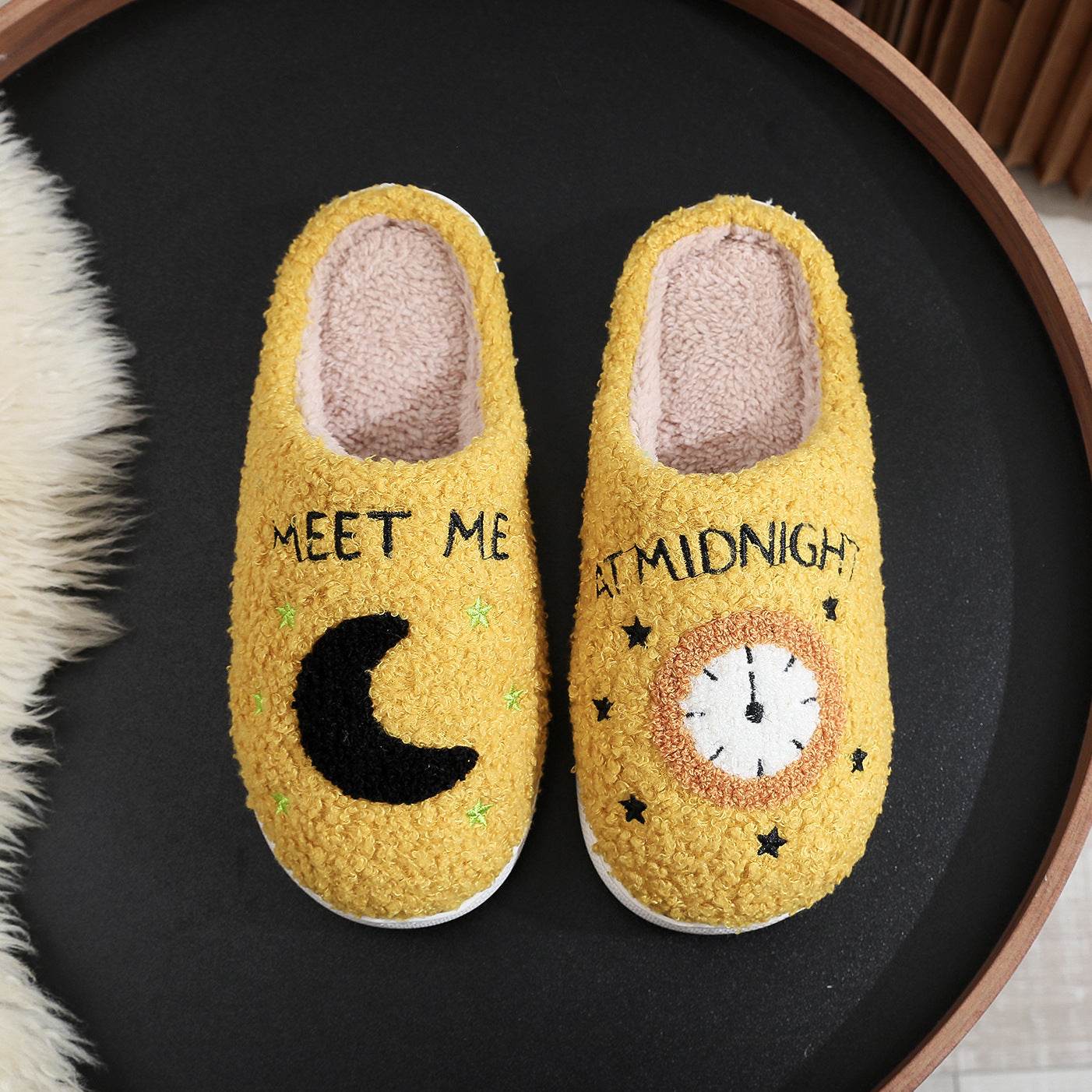 Fashion Moon And Clock Print Home Slippers Winter Warm Floor Bedroom House Shoes For Women - ProTrendyz