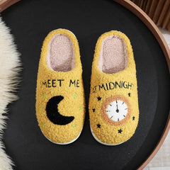 Fashion Moon And Clock Print Home Slippers Winter Warm Floor Bedroom House Shoes For Women - ProTrendyz