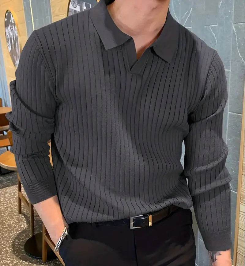 Lapel Texture Stretch Slim Knit Polo Shirt Men Polo Shirt Fashion Waffle Long-sleeved Tops Clothing Casual Comfortable Golf Men's Clothing - ProTrendyz
