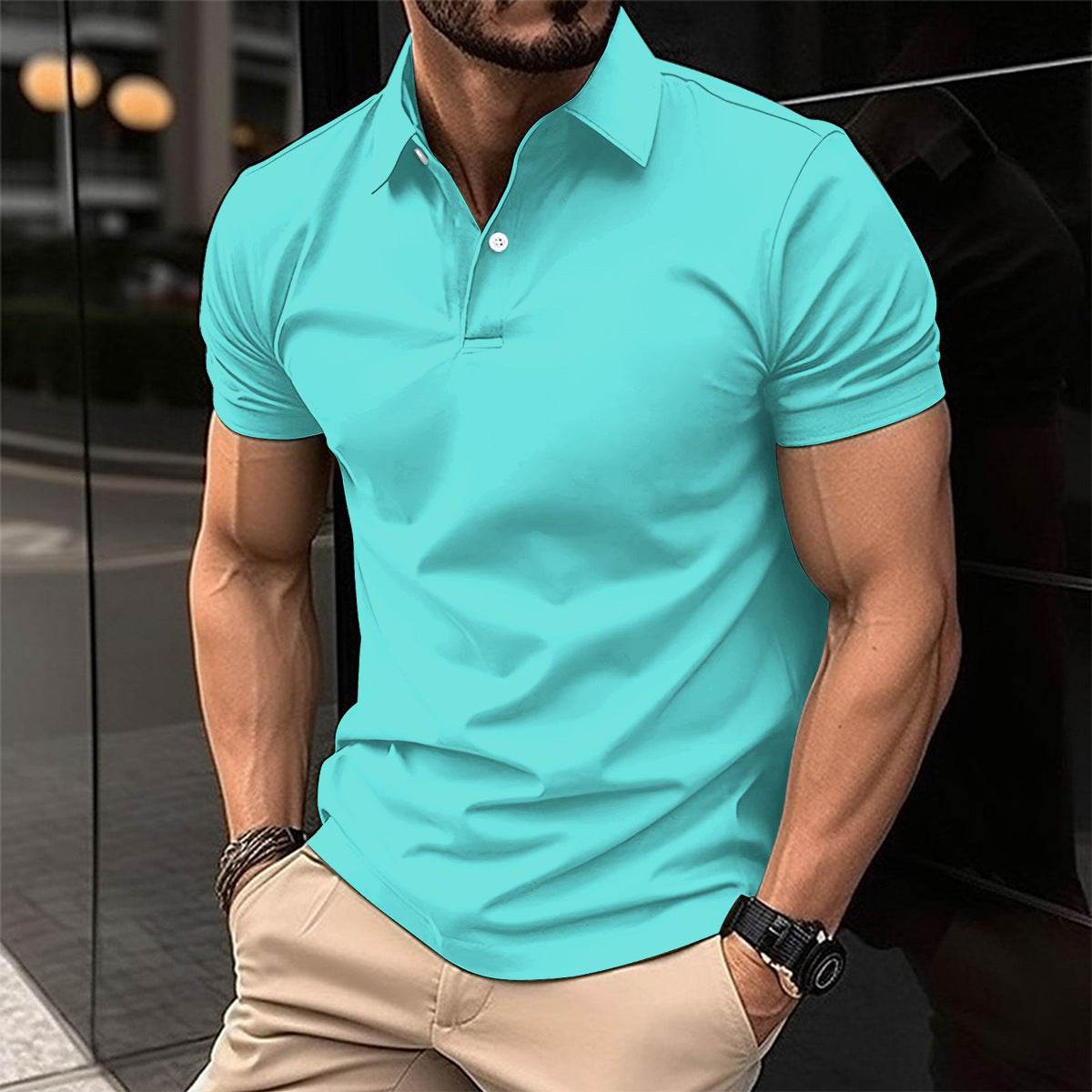 Summer Short Sleeve Polo Shirt Men Solid Color Button Lapel Button Top - ProTrendyz