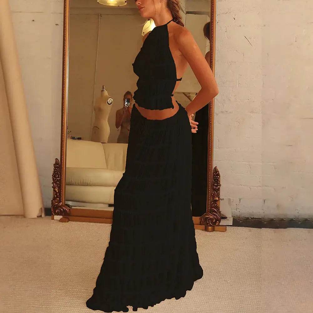 2pcs Women's Dress Suit Sexy Sleeveless Backless Cropped Halter Top And Pleated Long Skirt Beach Clothing - ProTrendyz