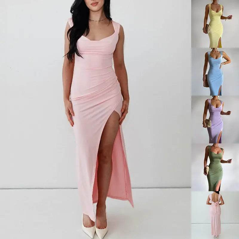 Slim Sleeveless Slit Dress With Back Tie Design Fashion Temperament Dresses For Women Clothing - ProTrendyz