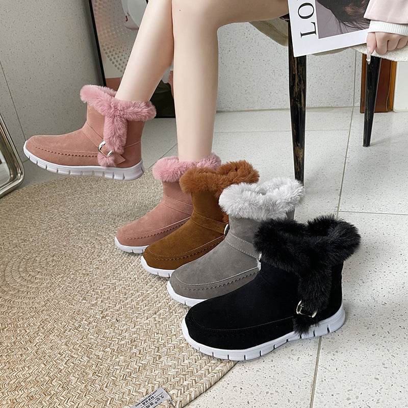 New Snow Boots Winter Warm Thickened Solid Color Plush Ankle Boots With Buckle Design Plus Velvet Flat Shoes For Women - ProTrendyz
