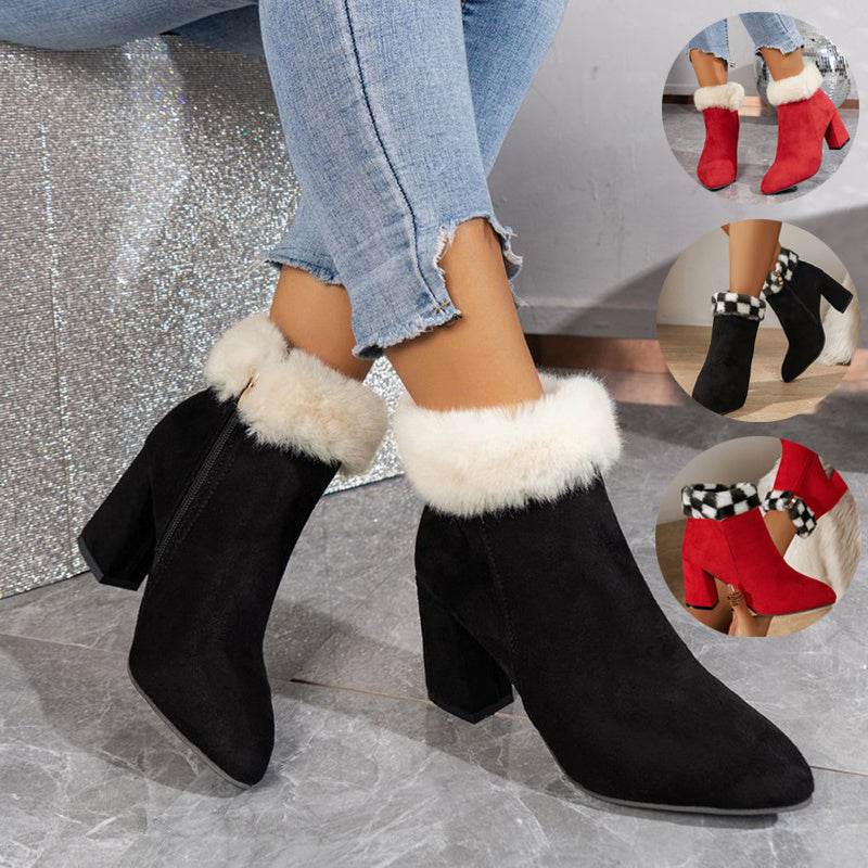New Plaid Print Plush Ankle Boots Winter Fashoin Square Heel Suede Boots Women Casual Versatile Shoes Autumn And Winter - ProTrendyz