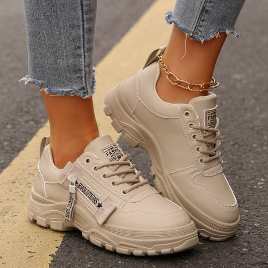 Lace-up Sports Shoes With Side-Zipper Design Fashion Thick-soled Round-toe Casual Shoes For Women Sneakers - ProTrendyz